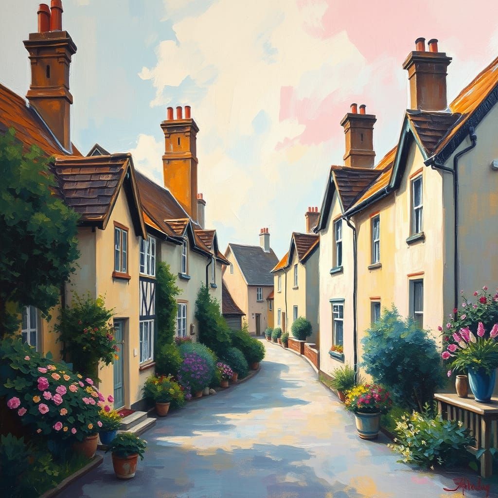 Quaint English Village in Impressionist Expressionist Style