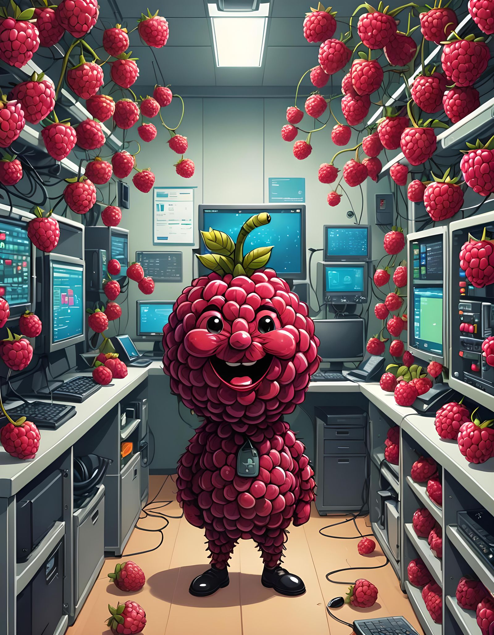 Cute Raspberry Man in Computer Room Illustration