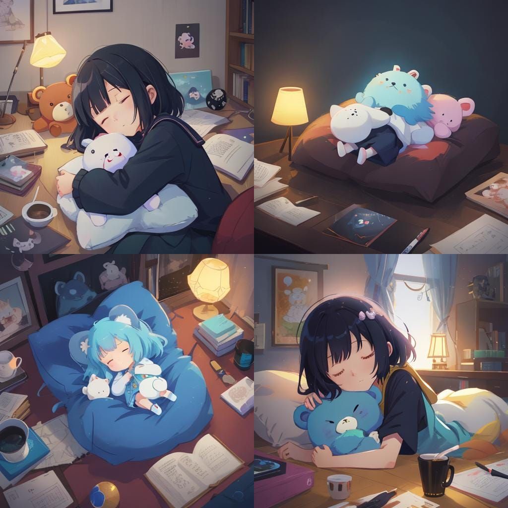Cute Girl Sleeping with Magic Teddy Bear in Anime Style