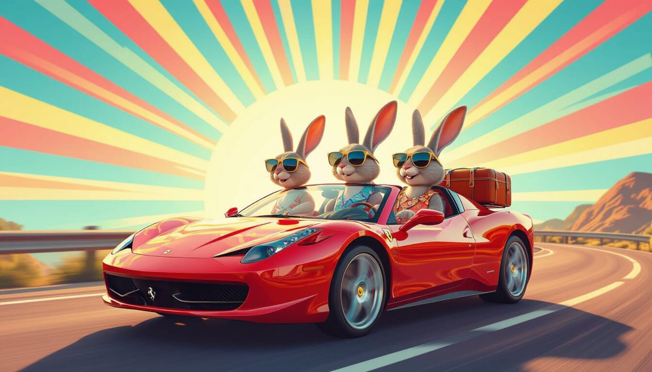 Rabbits on Holiday in Ferrari: 3D Digital Art