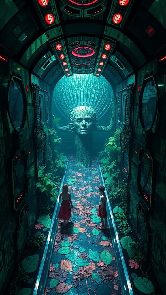 Cyberpunk Aztec Goddess Reigns in Metallic Spaceship