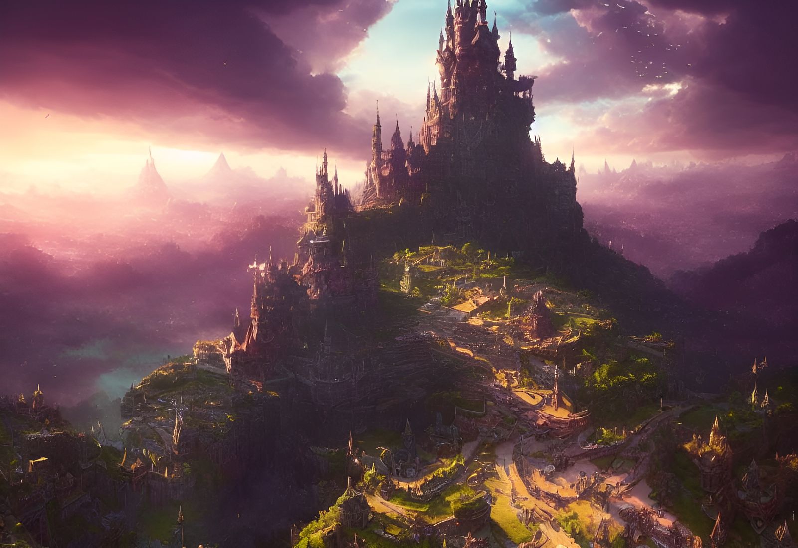 Epic Castle in Fantasy Landscape, Digital Illustration