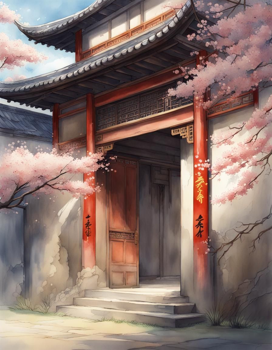 Ancient Chinese House with Plum Blossoms in Watercolor