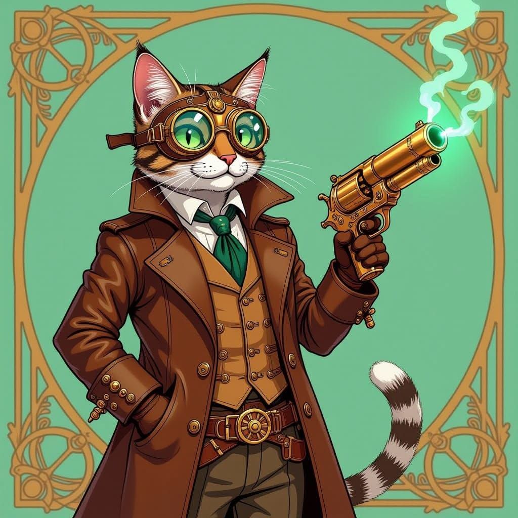 Steampunk Cat in Art Deco Style with Brass Pistol