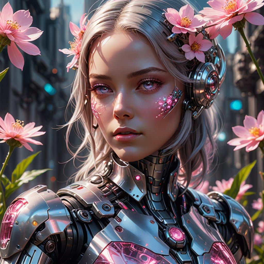 Ethereal Android with Pink Flower in Sci-Fi Art
