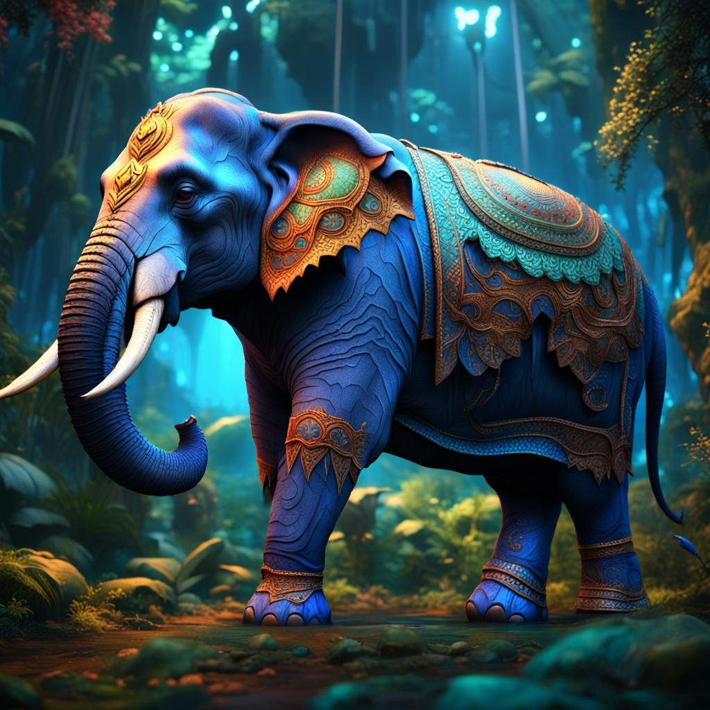 Cultural Elephant in Mythical Jungle: Detailed Matte Paintin...