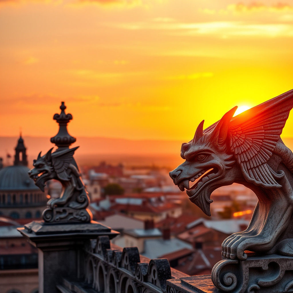 Spanish Gargoyles Soar Amidst Vibrant Sunrise