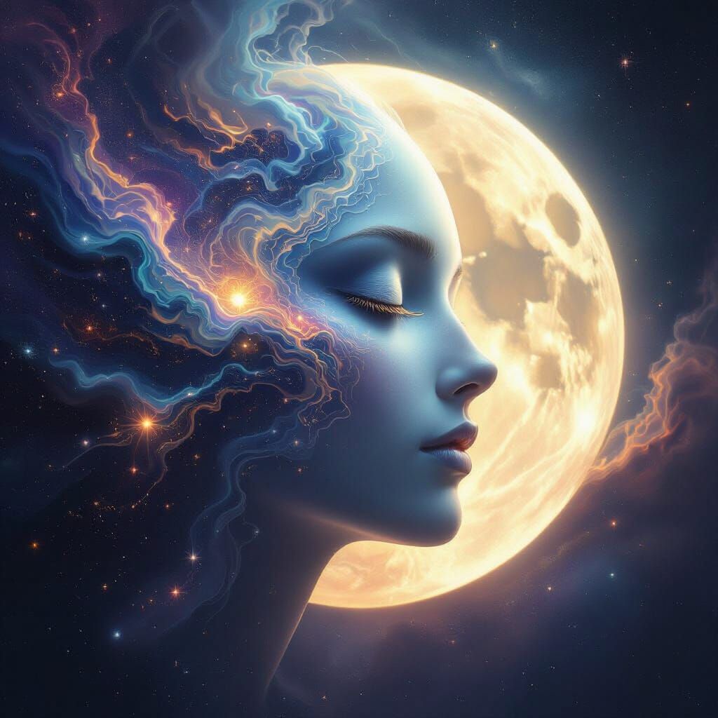 Luminous Moon Face Whispering Cosmic Secrets
