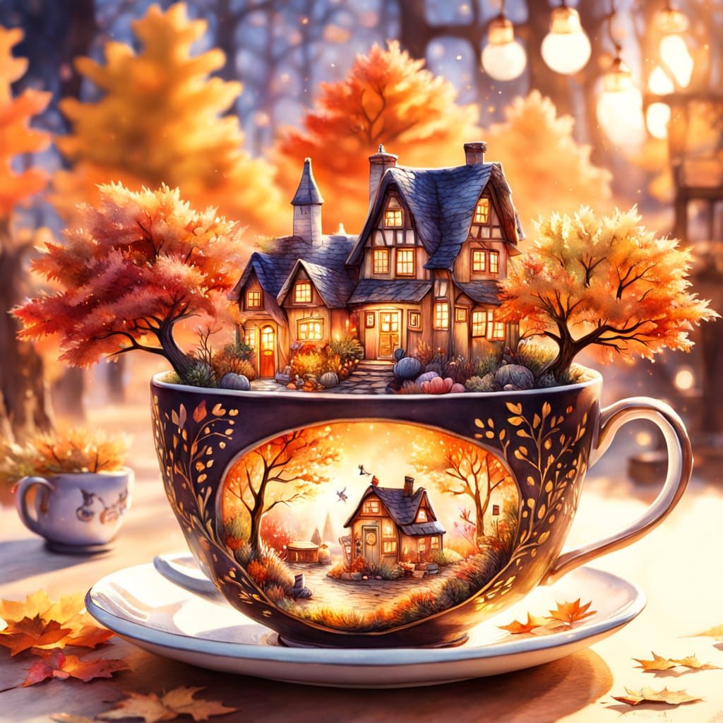Miniature Autumn Village in Teacup with Fairies and Fox