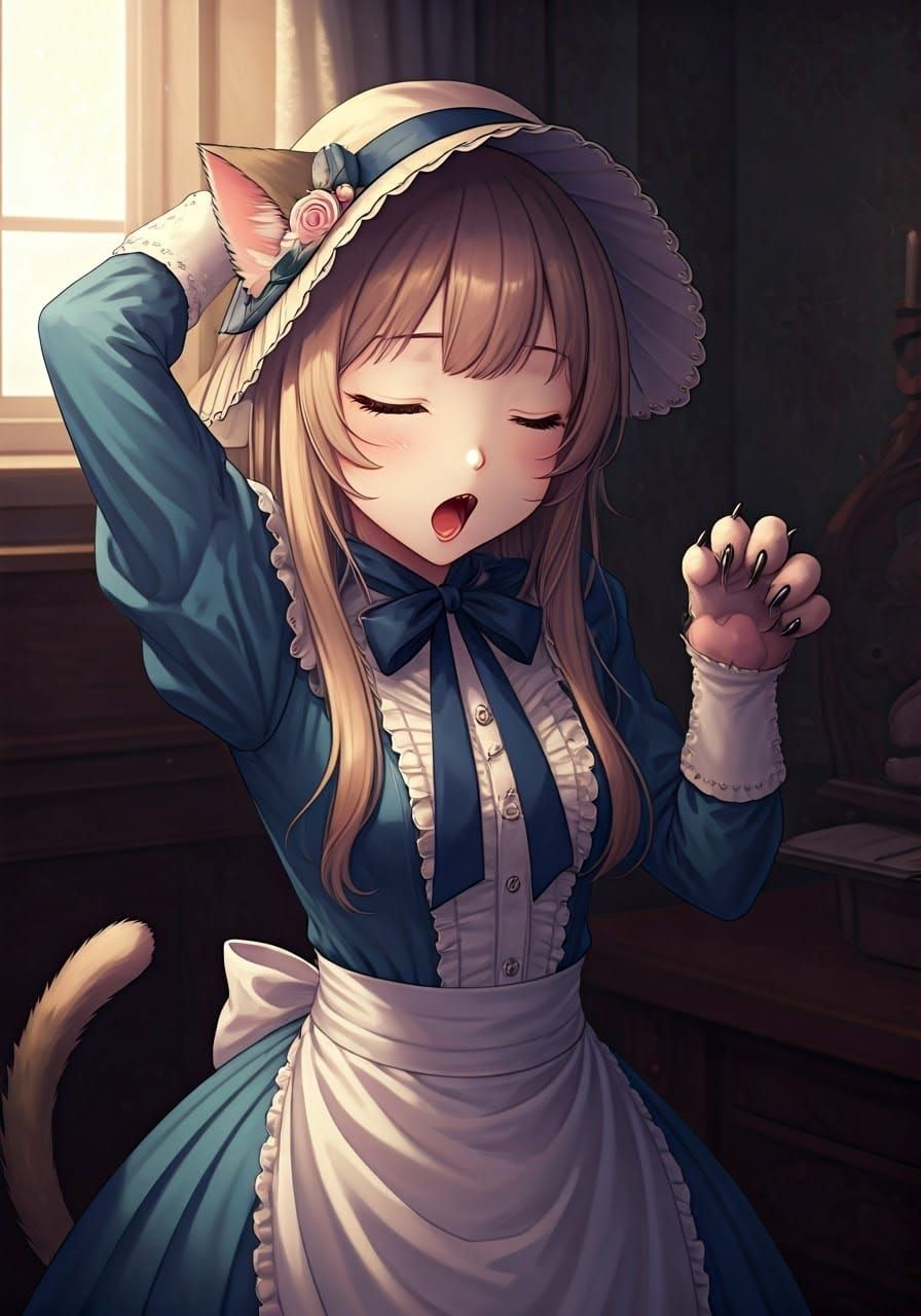 Anime Catgirl Yawns in Victorian Dress