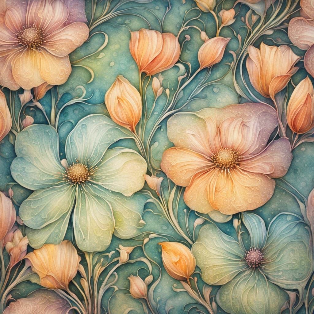 Watercolor Art Nouveau Tiny Home with Flowers