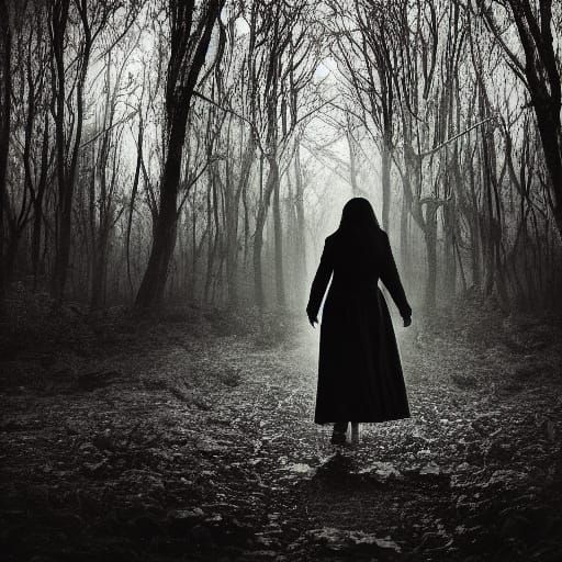 Woman Fleeing Monster in Dark Forest Cinematic Still