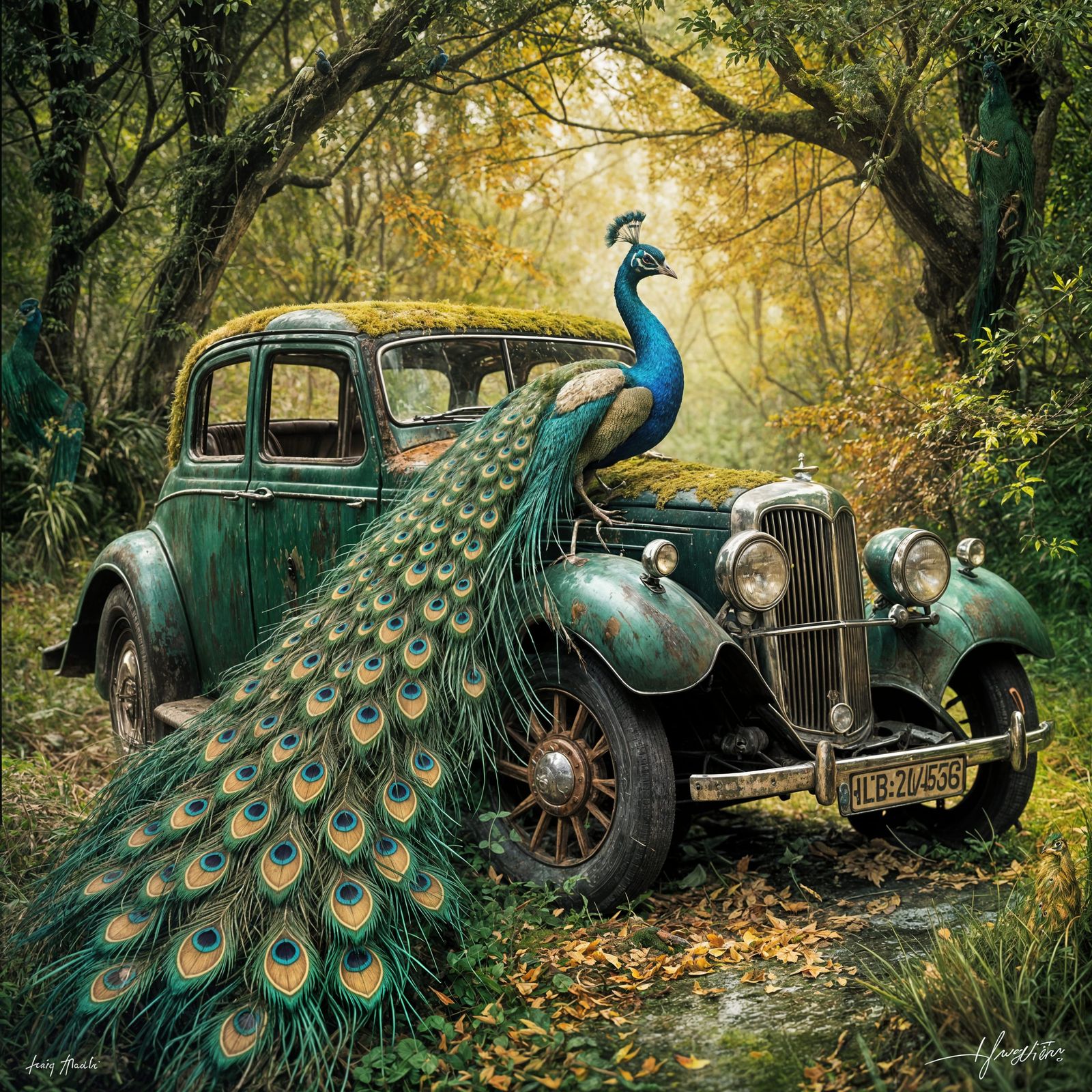 Peacock Displays Feathers Beside Vintage Car