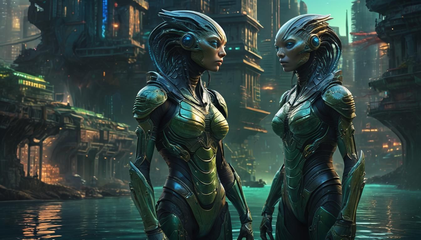 Hyperrealistic Marin-Alien Warriors Guard Underwater City