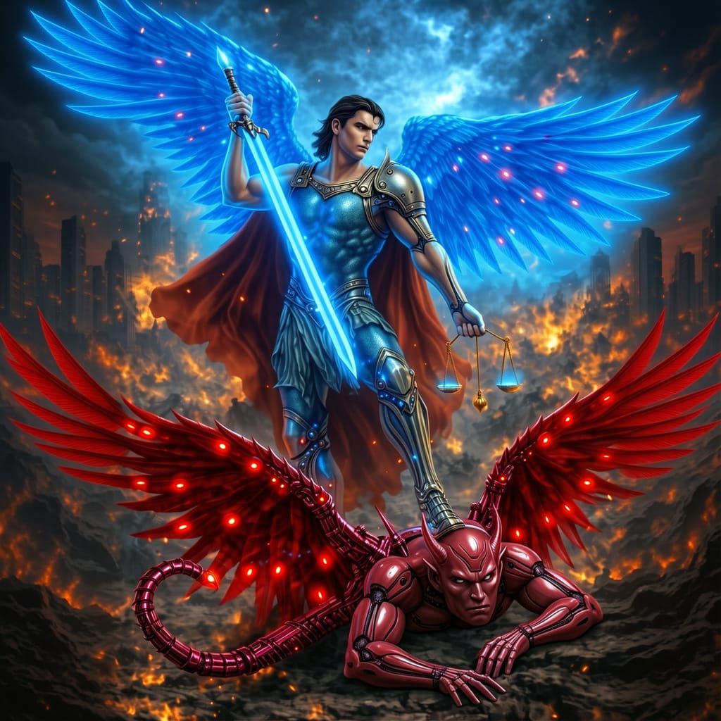 Archangel and Robotic Figure with Subtle Blue and Red Lights