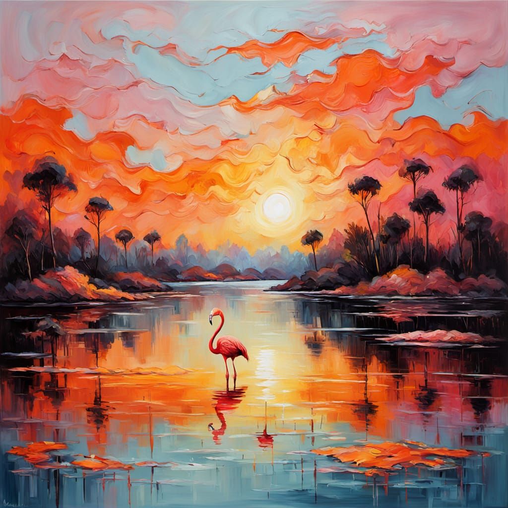 Flamingo in Impressionist Surrealism Style at Sunset