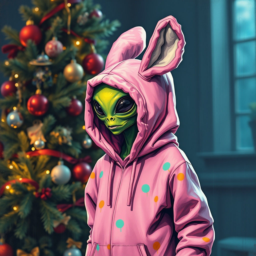 Alien in Rabbit Costume at Christmas, Graffiti Art