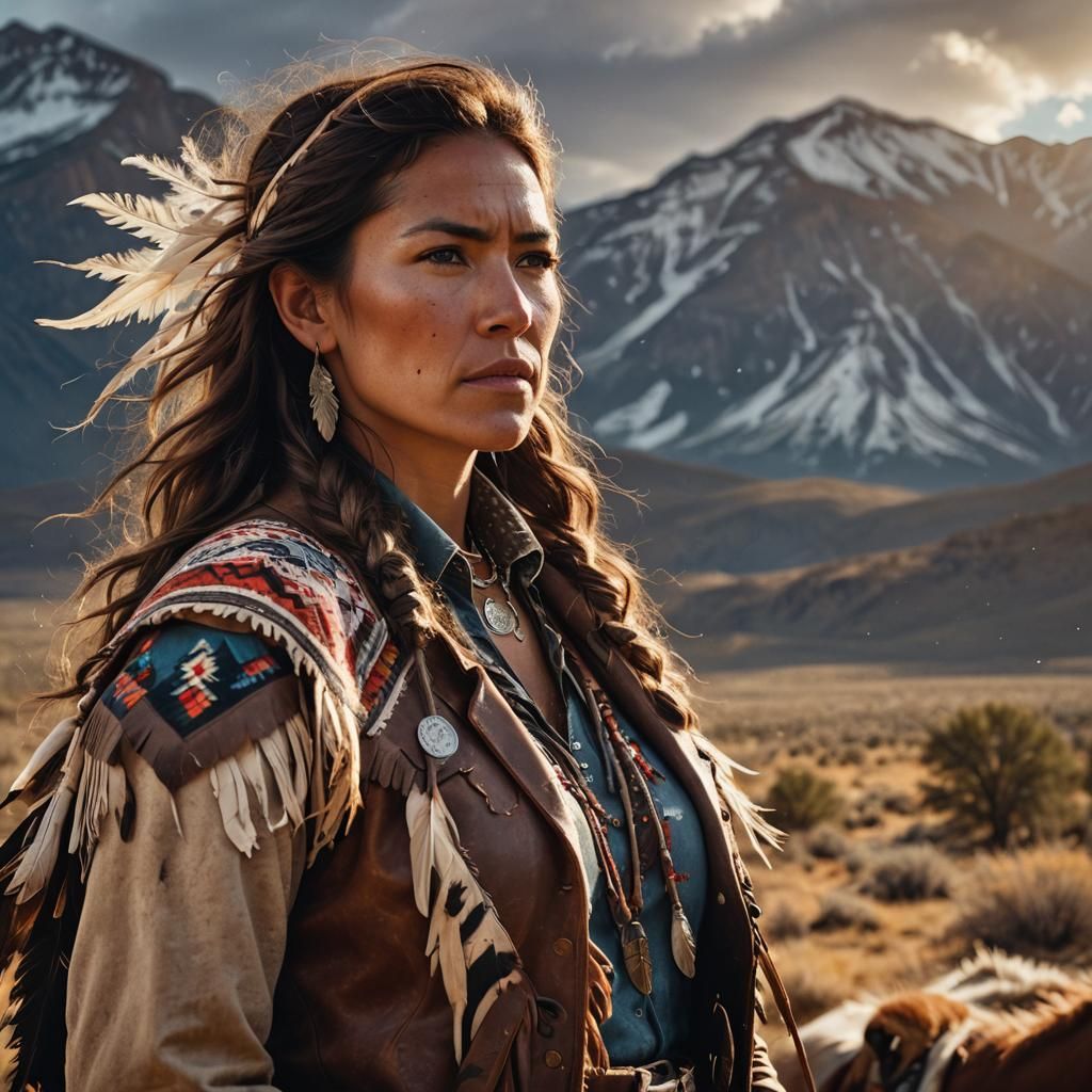 Cowgirl in Western Landscape with Snowy Mountains