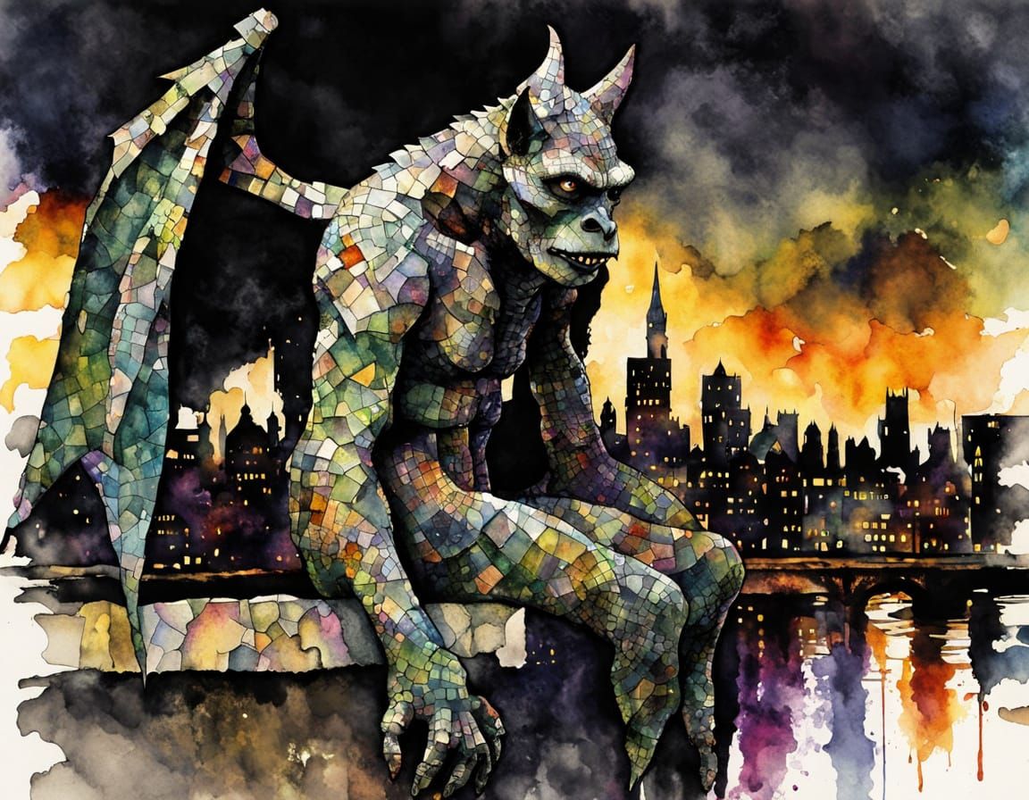 Gothic Gargoyle Mosaic in Dark, Vibrant Watercolor Style