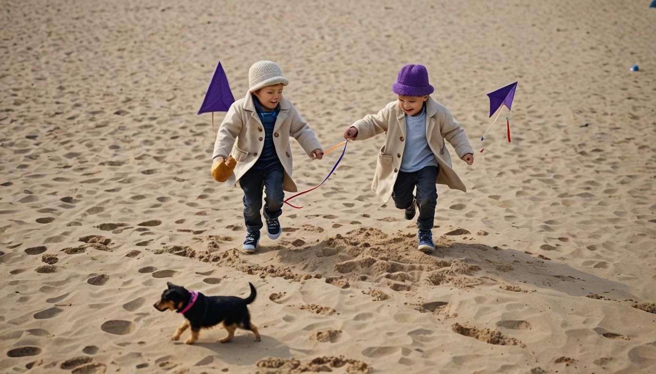 Boy and Dog Flying Kites on Beach