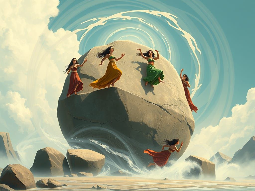 Klabauter Girls Levitate Monolith: Mystical Whimsical Scene