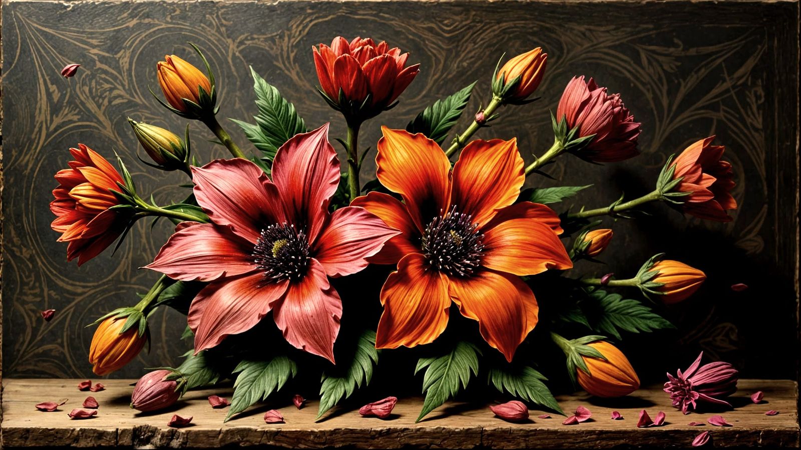 Woodcarved Still Life of Blooming Flowers