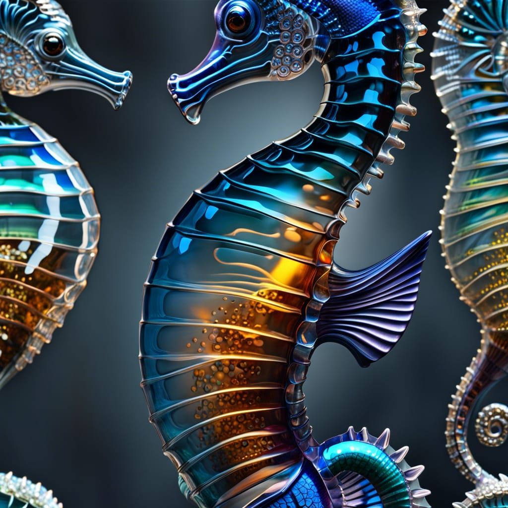 Blown Glass Seahorse: Transparent, Shiny, Hyperdetailed