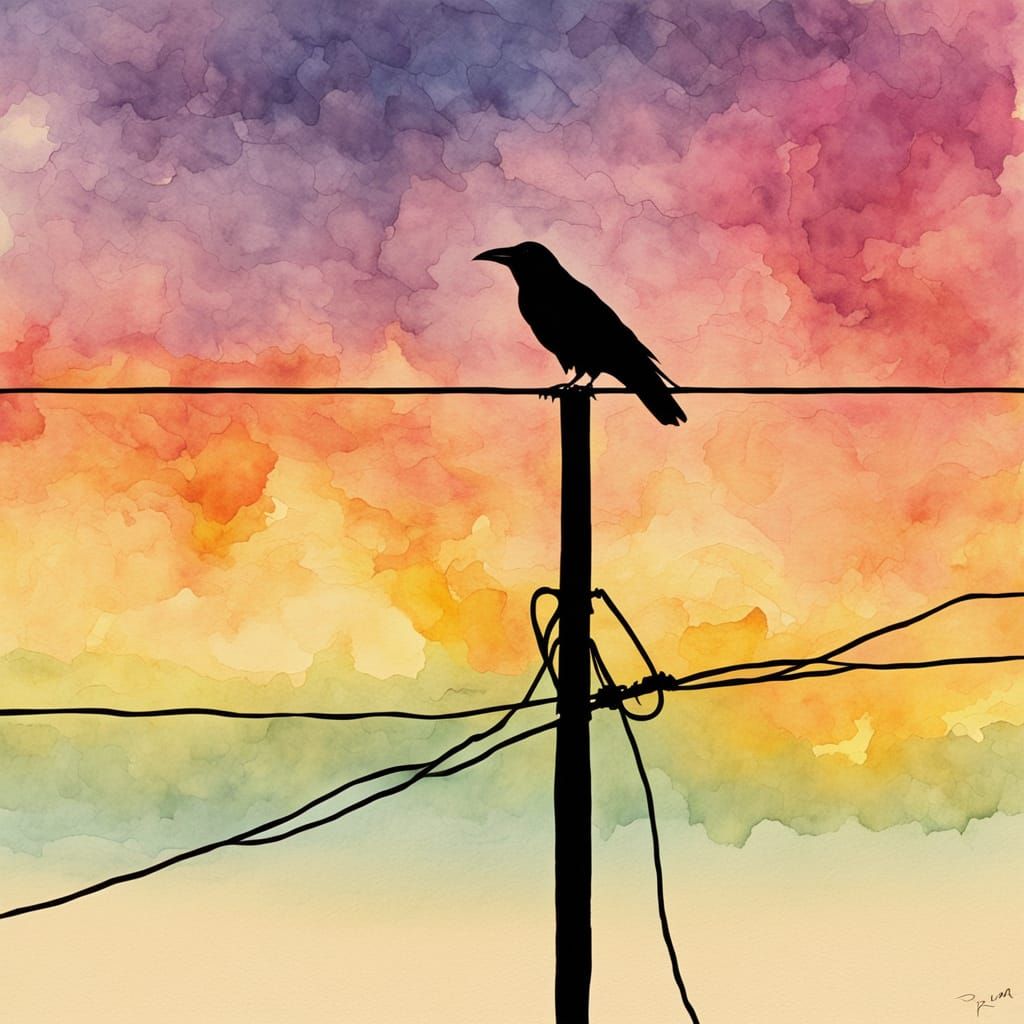 Crow Silhouette on Wire, Minimalist Watercolour Art