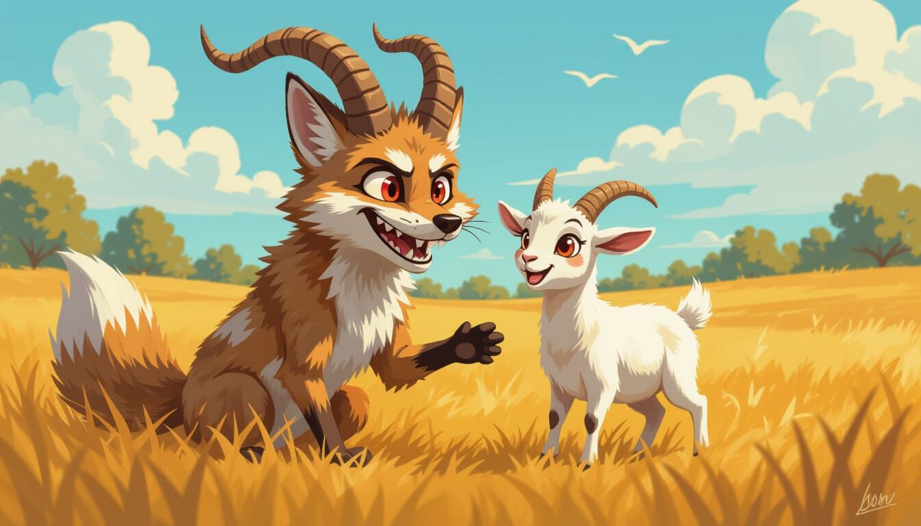 Friendly Chupacabra and Goat in Cartoon Style