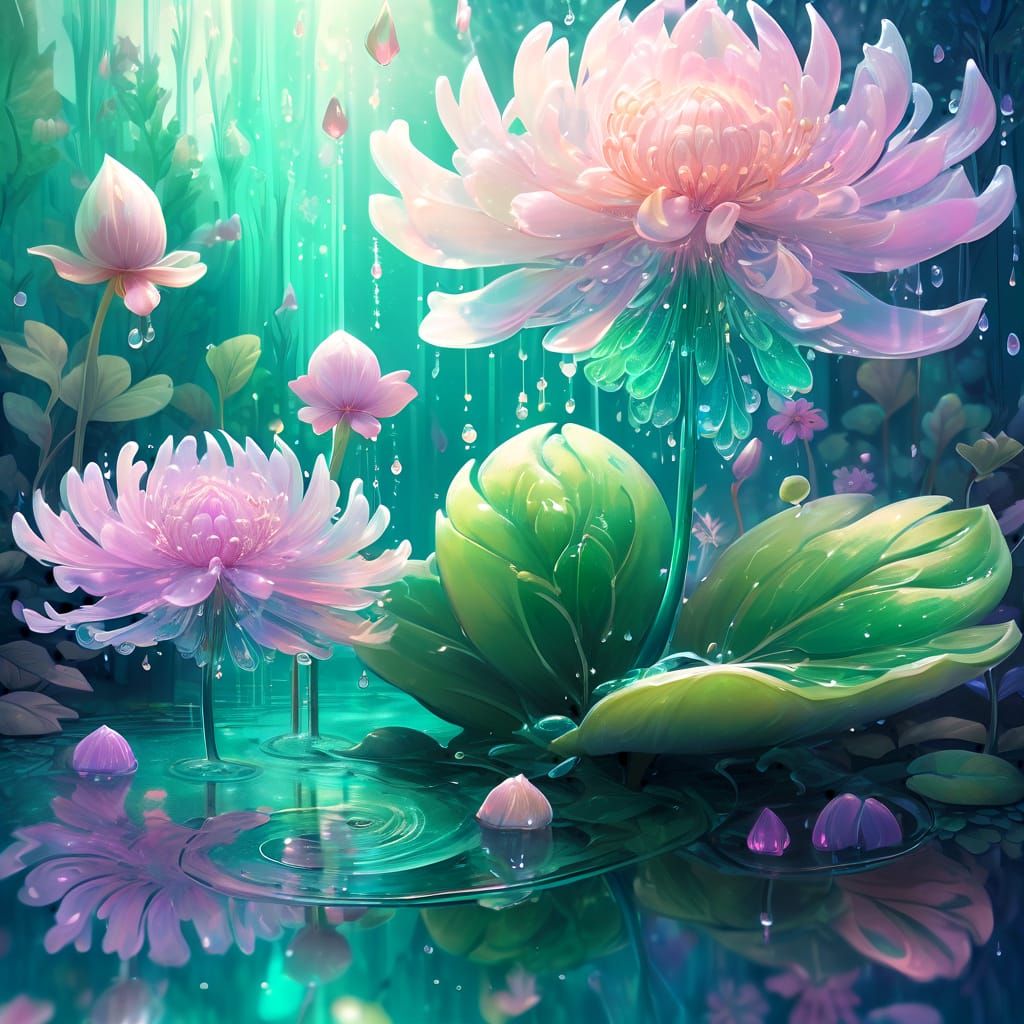 Whimsical May Flower Emerges from Sparkling Water in Emerald...