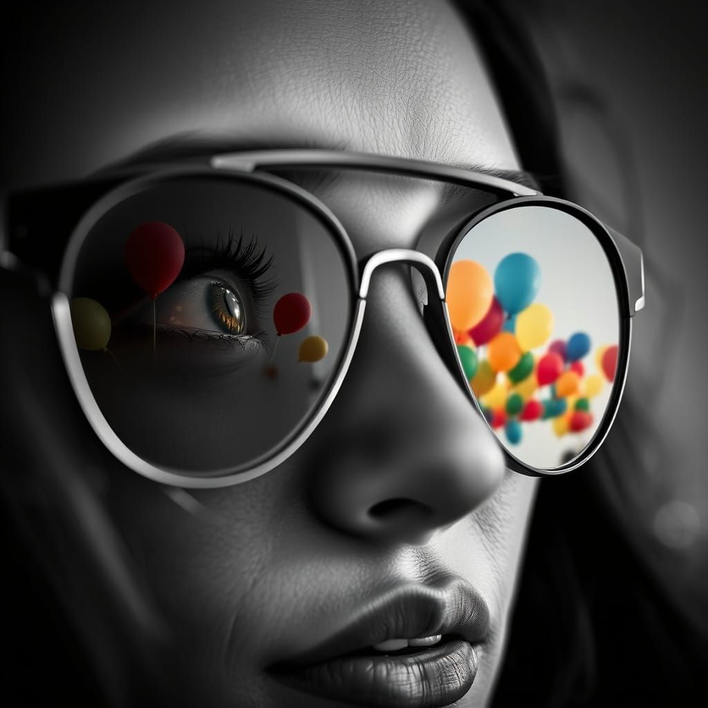Sunglasses Reflecting Balloons in Black and White Portrait