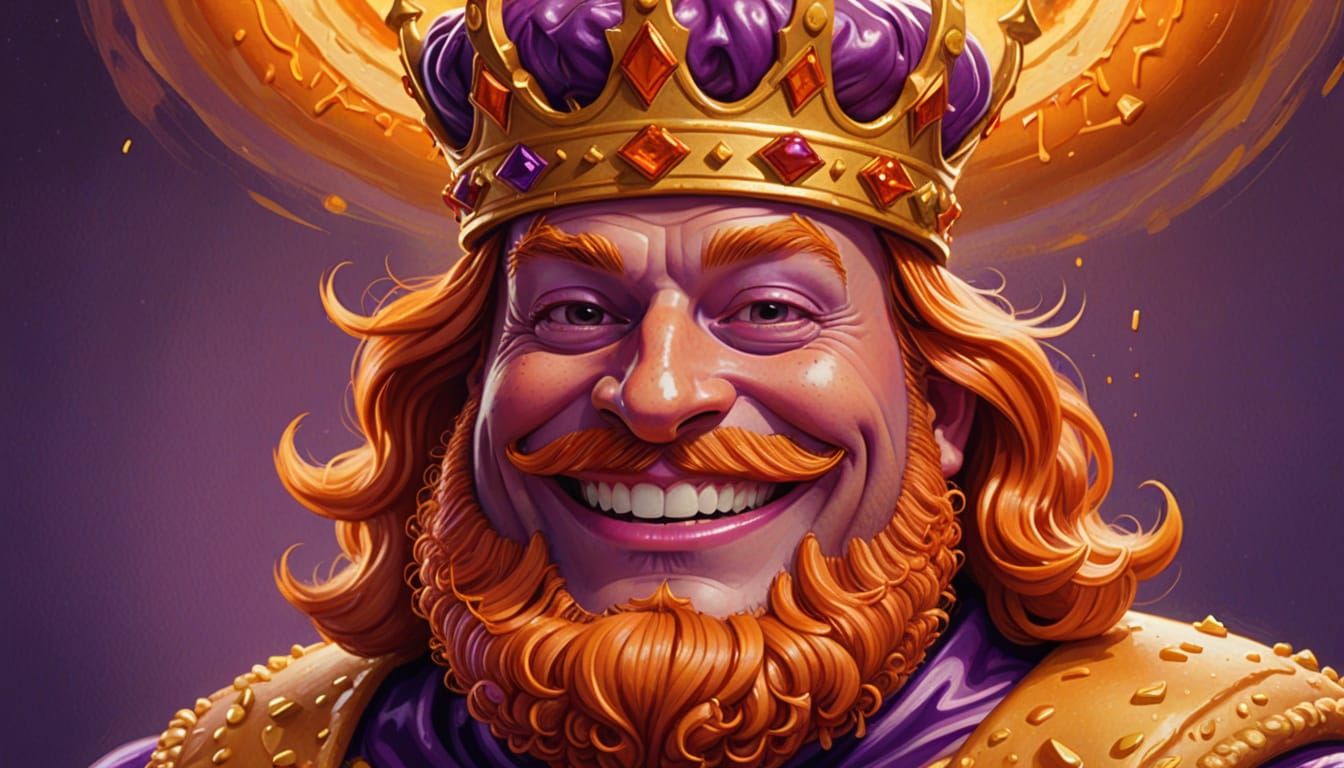 Surreal Hamburger King in Vibrant Purple Robe with Glowing C...