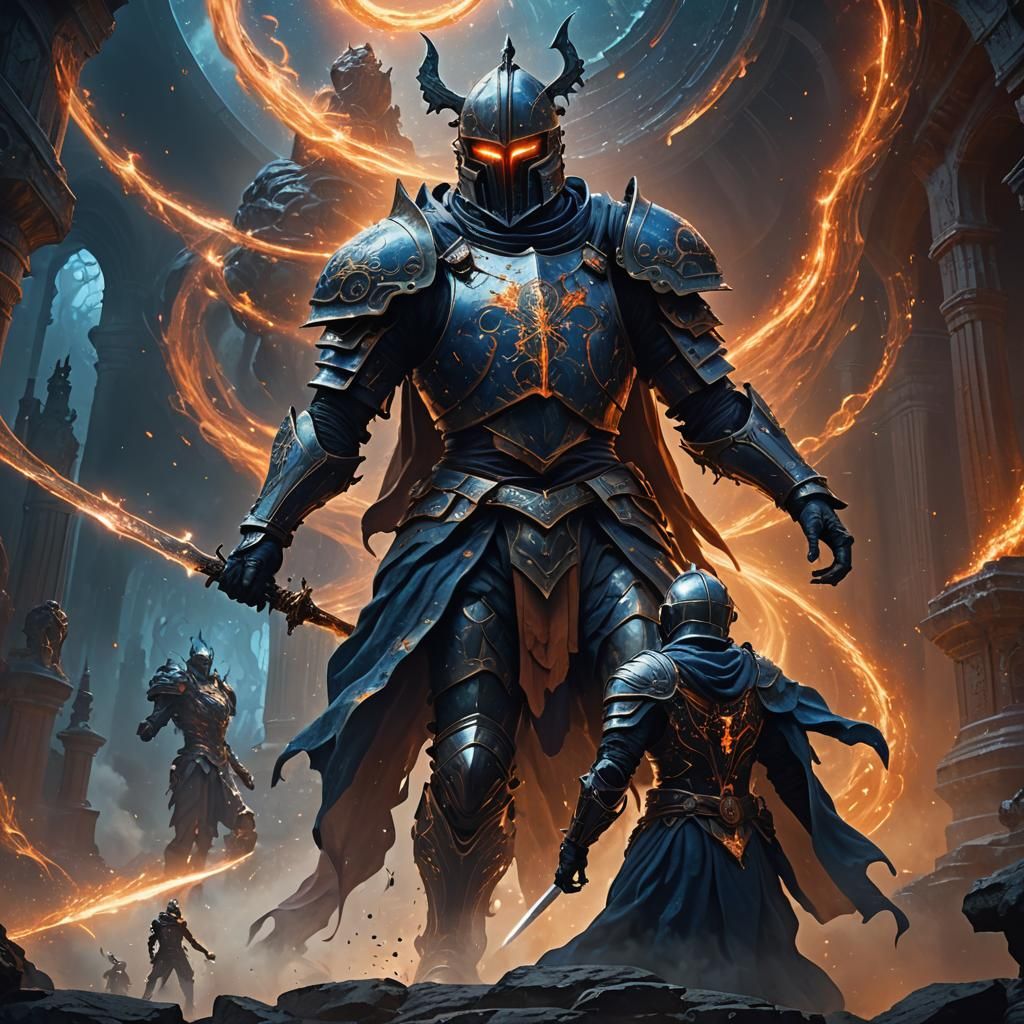 Knight Battles Cosmic Radiance in Dark Fantasy Art