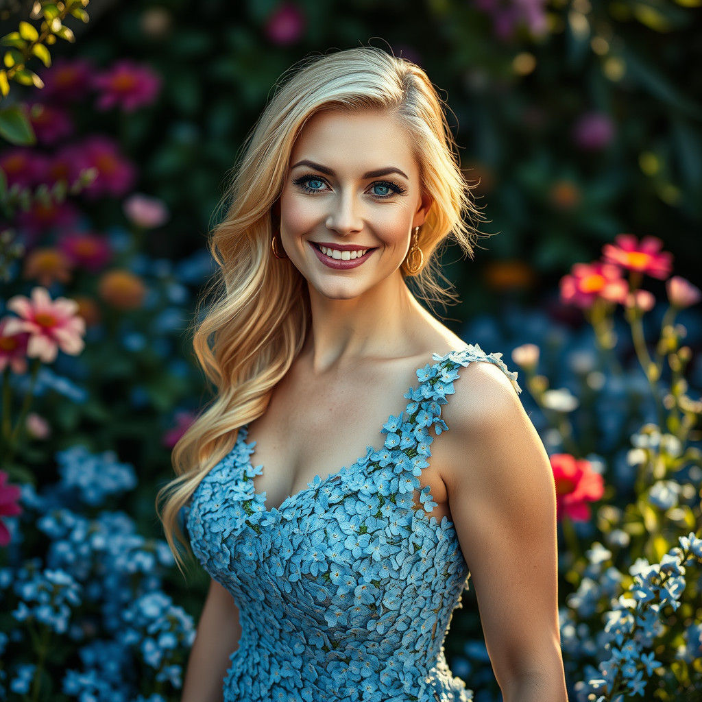Blonde Woman in Forget-Me-Not Dress