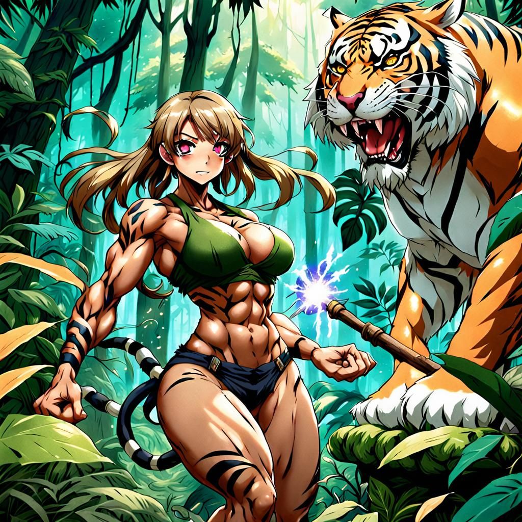 Muscular Girl Heals Tiger in Anime Jungle