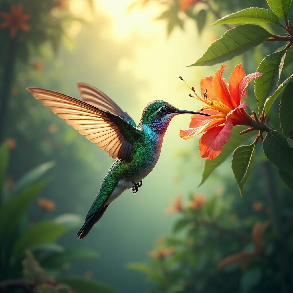 Vibrant Hummingbird in Opalescent Feathers in Sun-Drenched R...