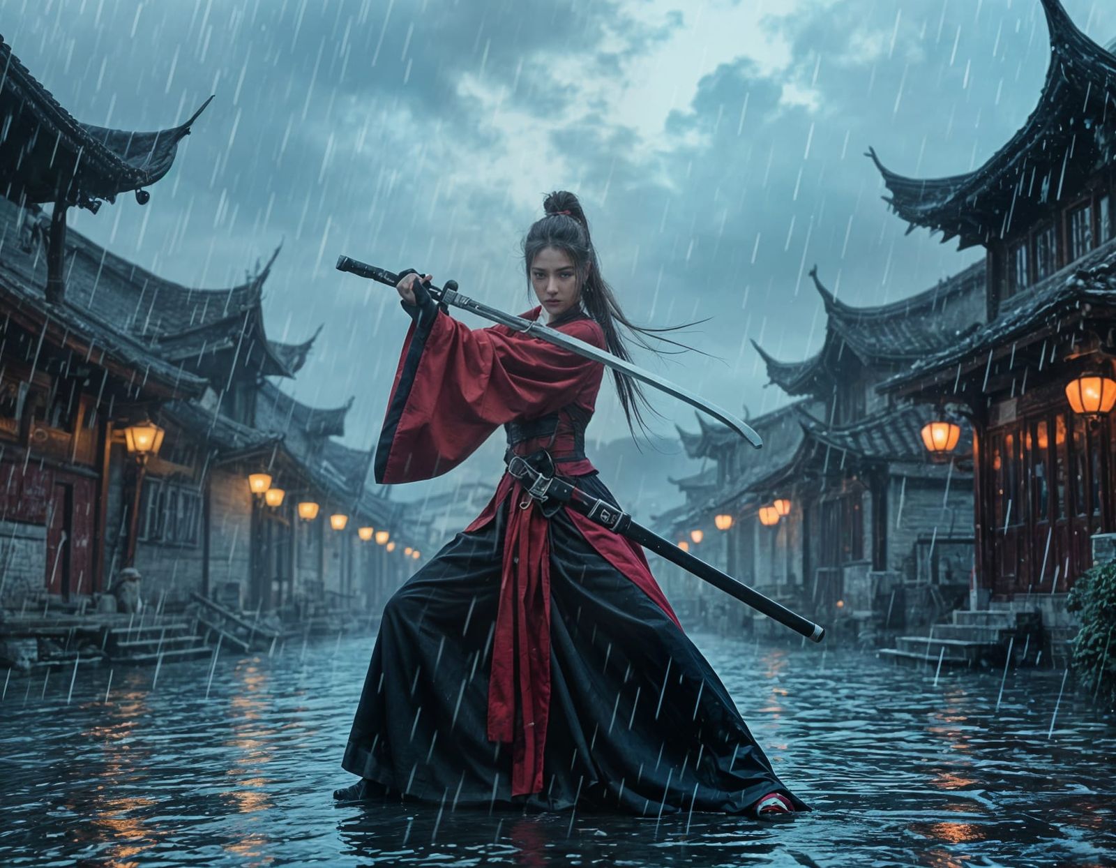 Assassin in Rainy Chinese Village, Photorealistic Style