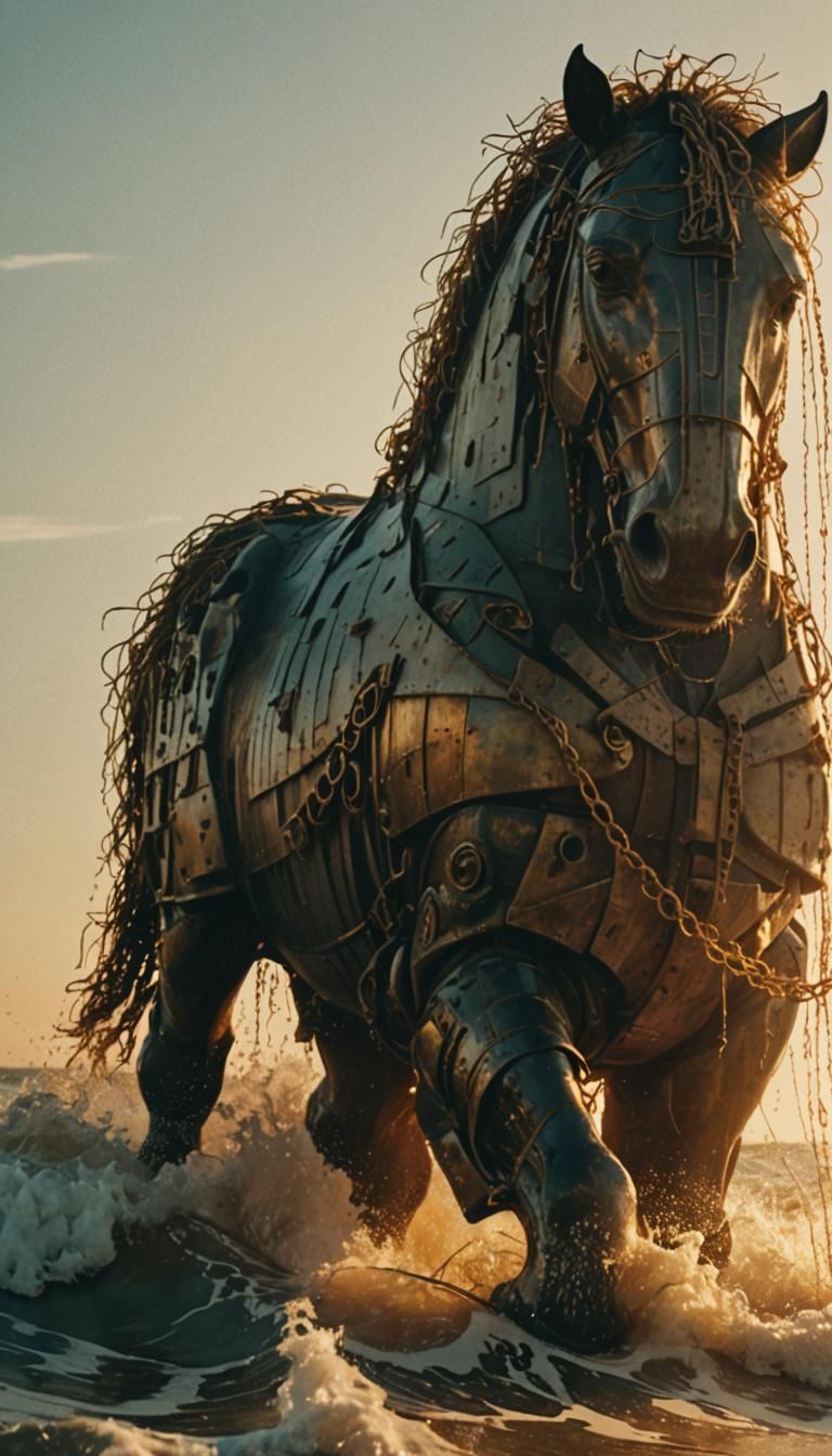 Trojan Horse Sunset: A Surreal Cinematic Film Still