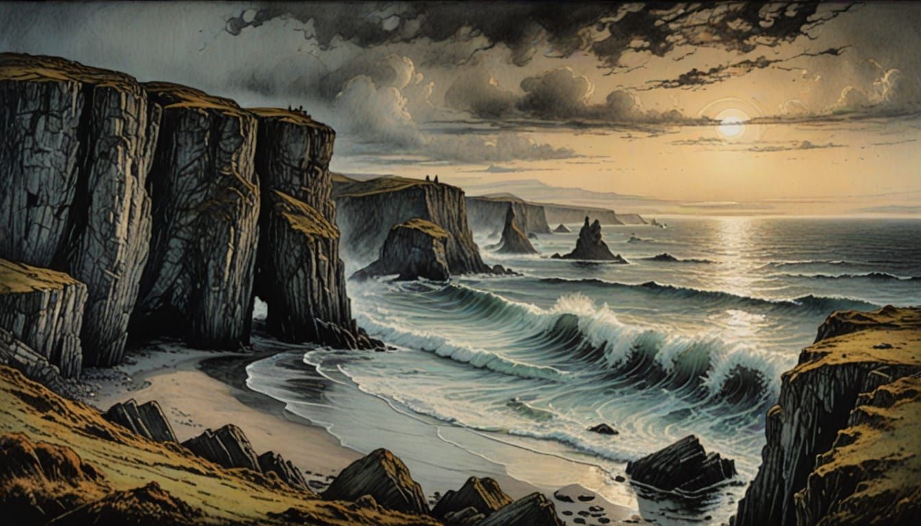 Whimsical Irish Coastline in Dreamlike Evening Hues