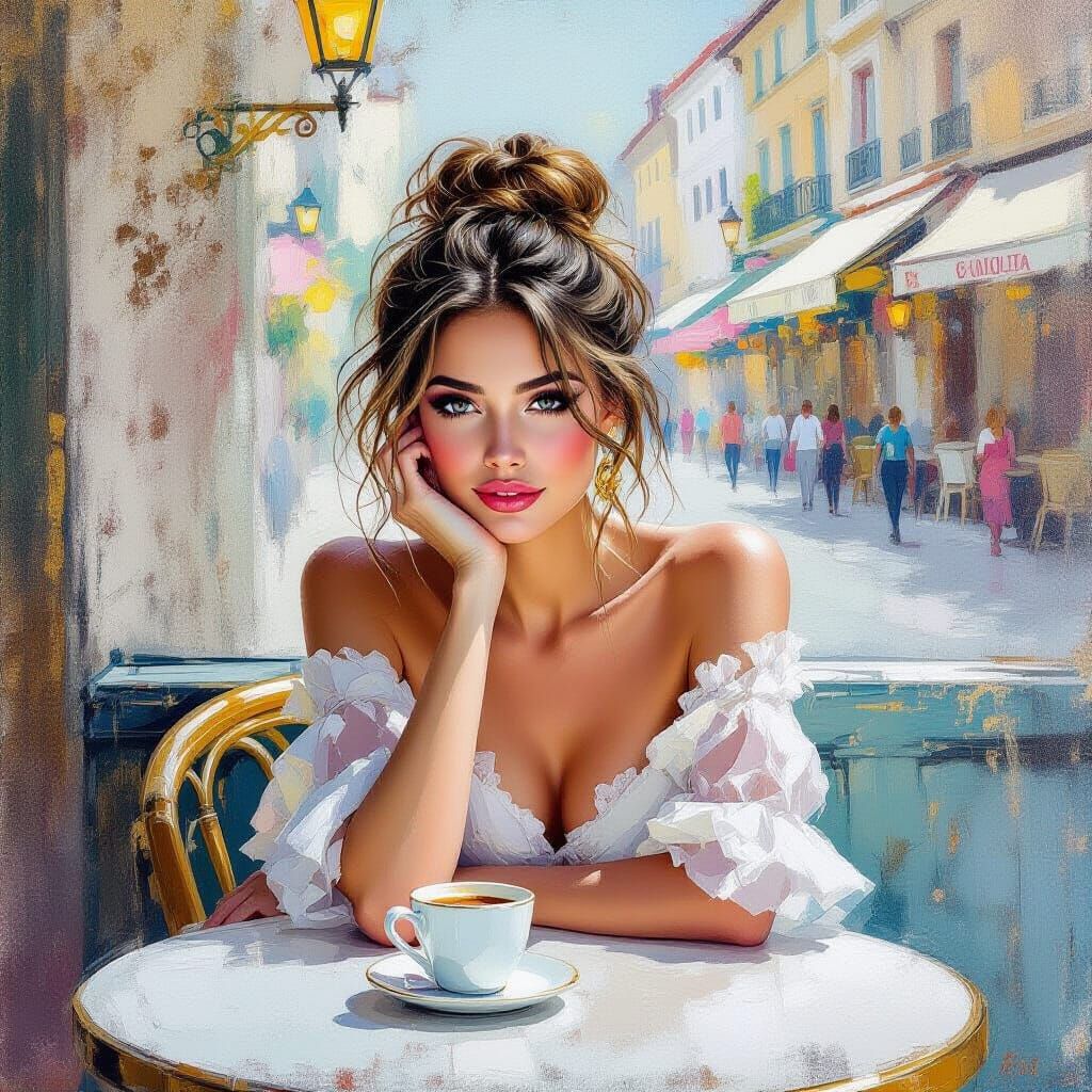 Woman at Cafe Table in Metamodern Style