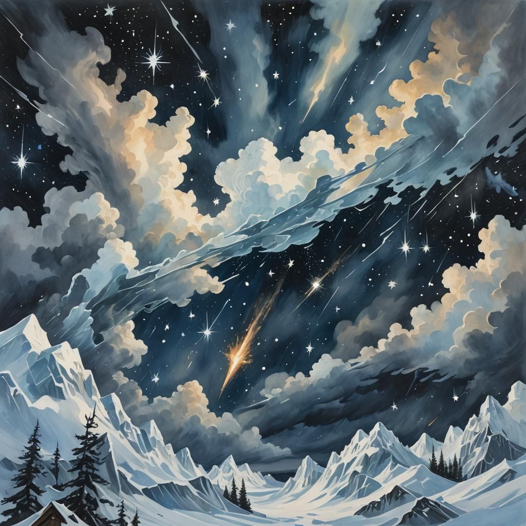 Gouache Painting of a Starry Winter Storm