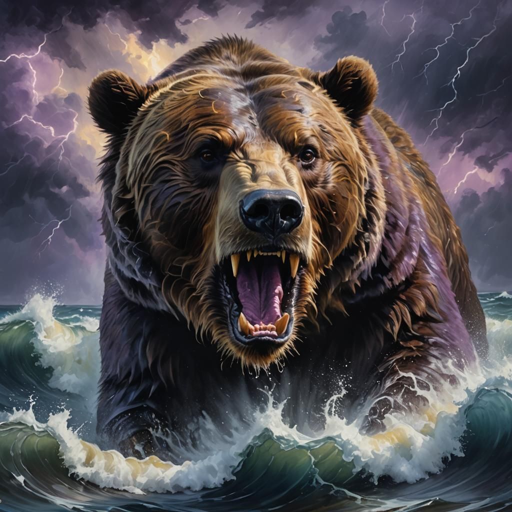 Grizzly Bear Emerges from Sea Waves as Oil Painting