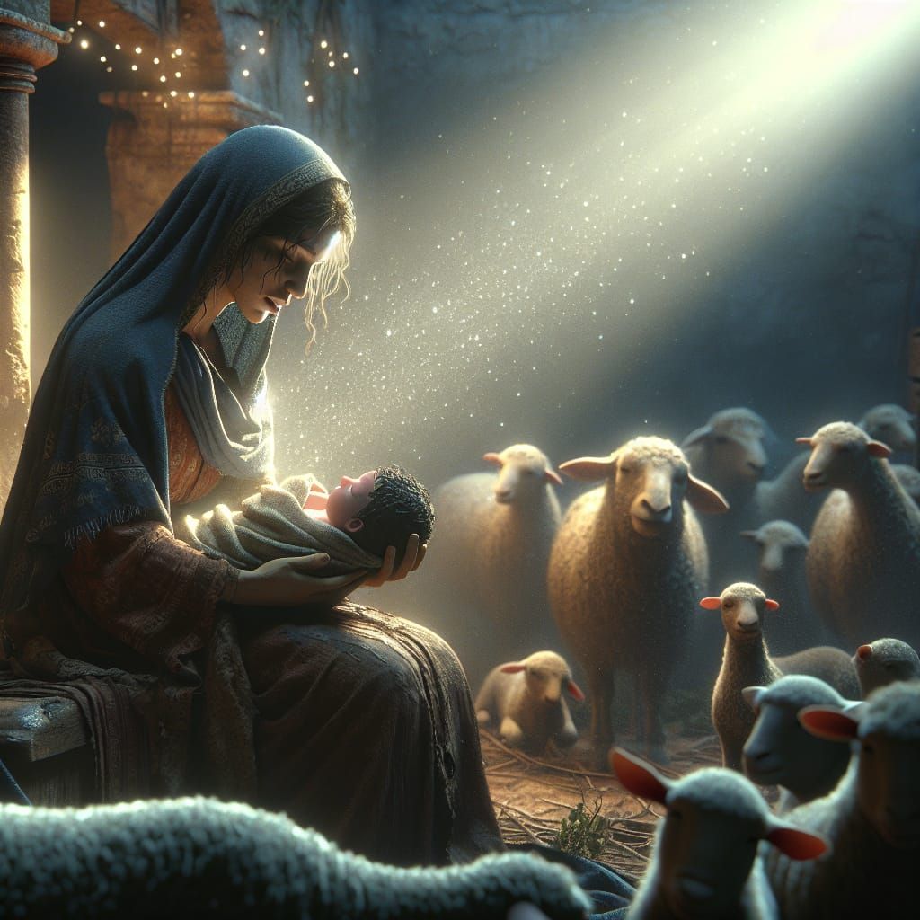 Sacred Birth in Ancient Stable: Photorealistic 3D Render