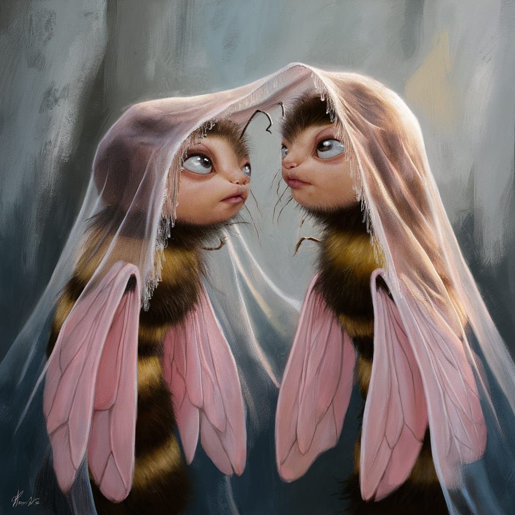 Contemplative Bee Creatures in Dreamy Ethereal Scene