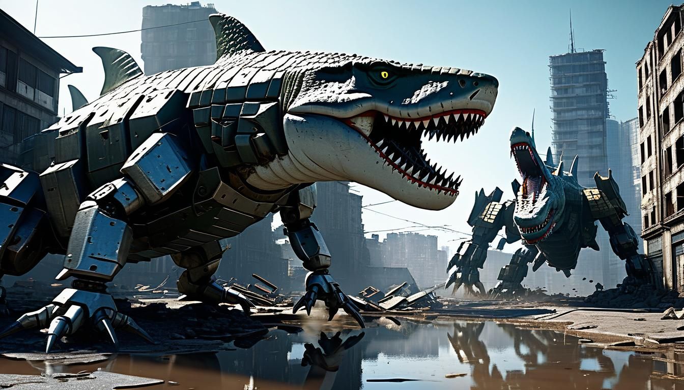 Mecha Shark vs Crocodile in Ruined Cityscape