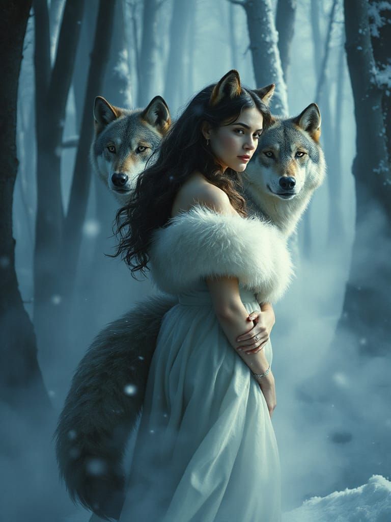 Winter Forest Woman with Wolf Features and Spirit Wolves
