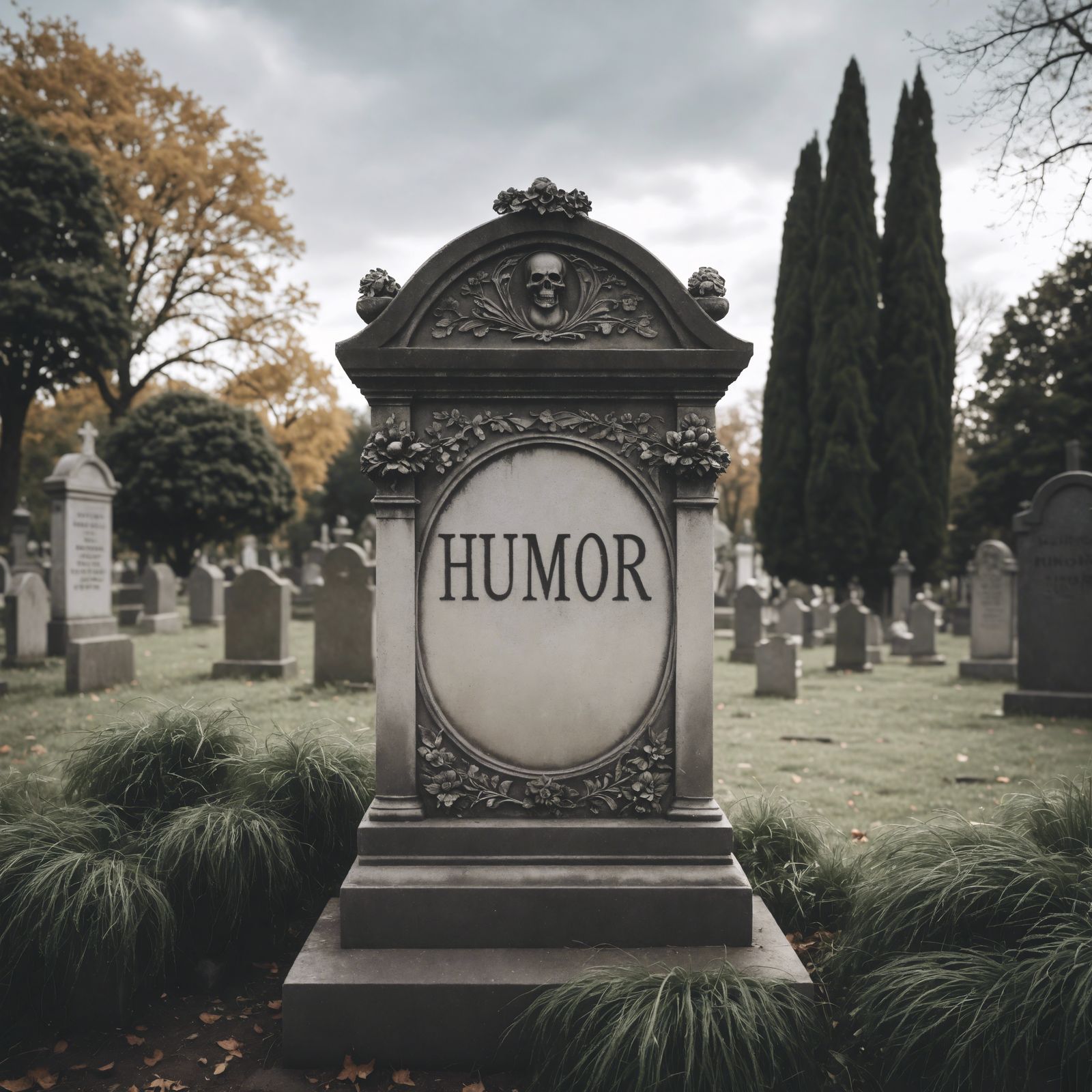 Humor Tombstone in Cemetery Under Overcast Sky