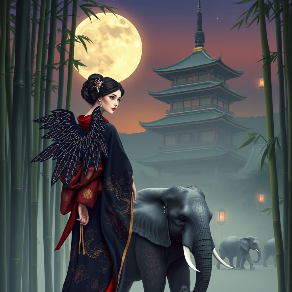 Mysterious Geisha with Phoenix Wings and Elephant in Bamboo ...