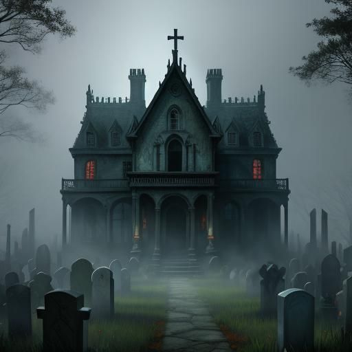 Hyperrealistic Haunted House in Misty Cemetery