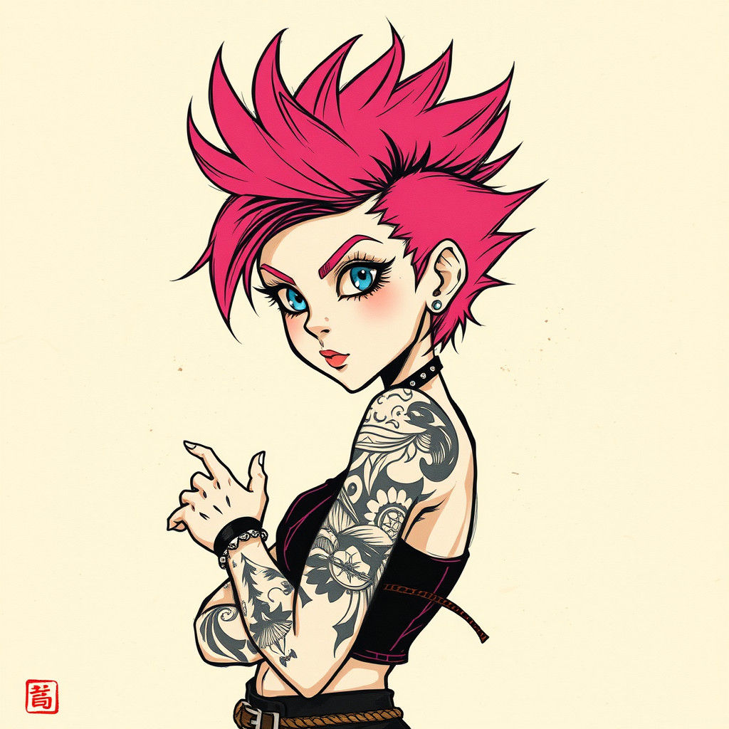Goth Punk Girl with Pink Hair in Sumi-e Style